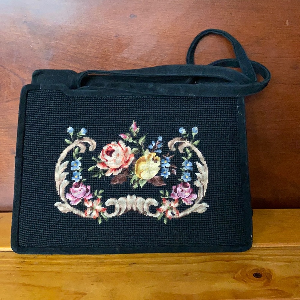 Vintage 60s Needlepoint Suede Purse Tapestry